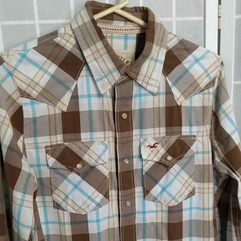 Hollister Plaid Western Snap Button Long Sleeve Shirt Men's Brown Blue White - Picture 2 of 15